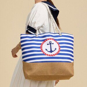 Anchor Printed Striped Rope Handle Beach Tote Bag